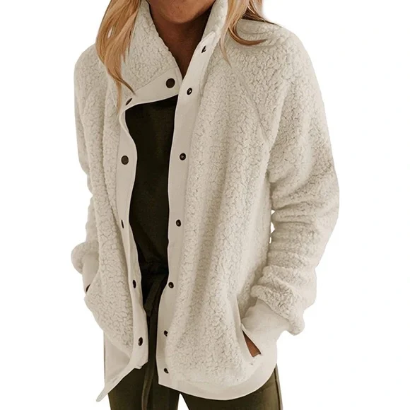 Sherpa Fleece Jacket Warm Long Sleeve Button Down Fuzzy Faux Wool with Pockets S - Picture 2 of 12